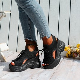 Women's Solid Color Wedge Sandals, Breathable Knit Lace Up Platform Shoes, Comfortable Summer Beach Shoes